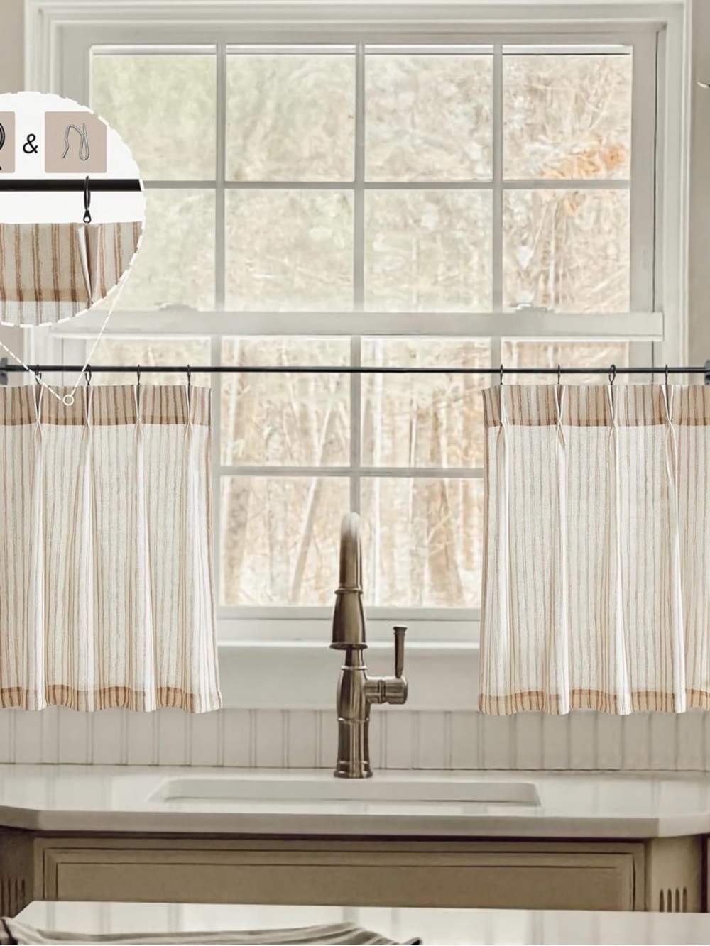 Amazon Beige and White Striped Cafe Curtains